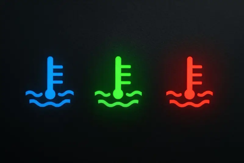 Icone di un termometro in acqua, blu, verde e rosso, che indicano la temperatura del liquido di raffreddamento.